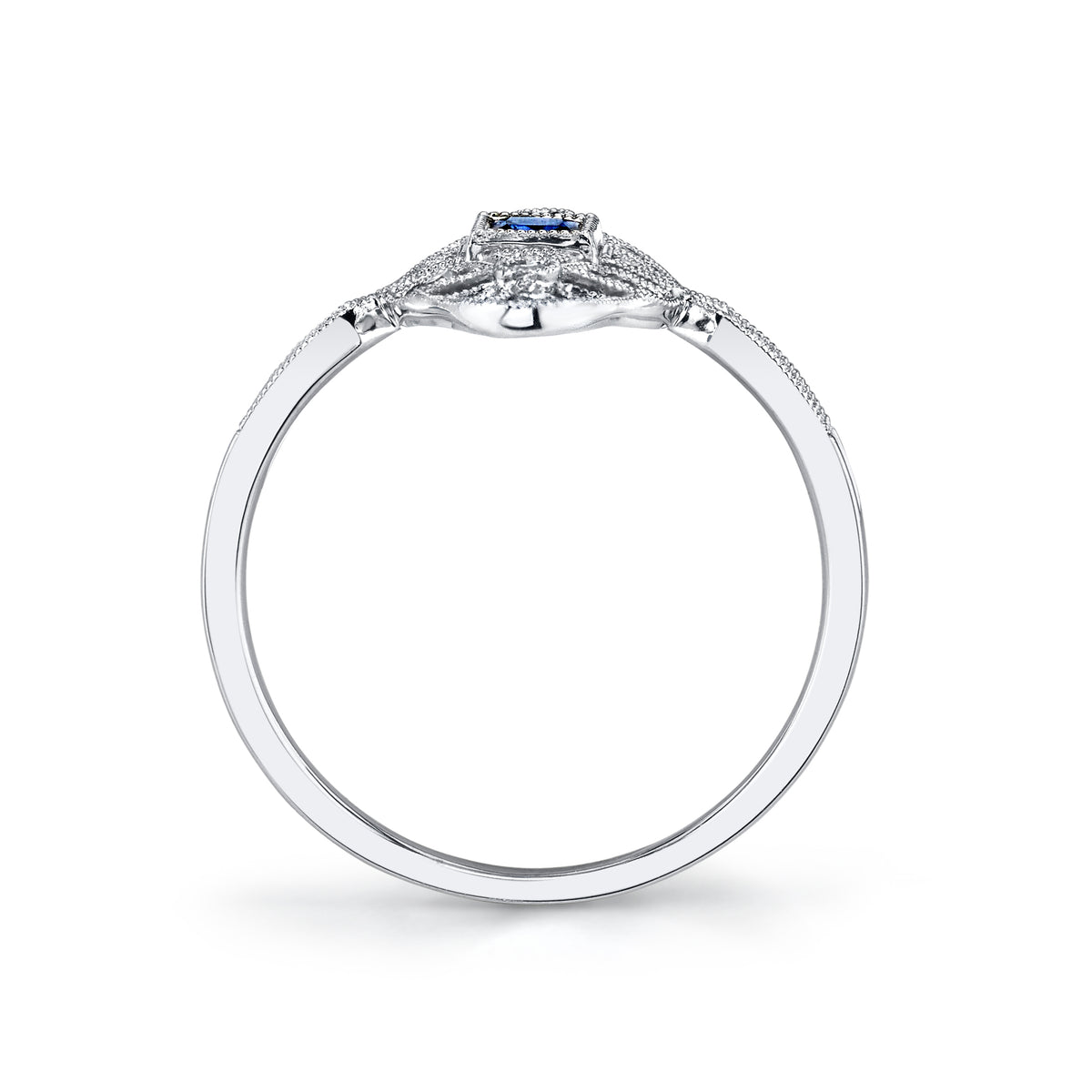 14K White Gold 0.20ct. Sapphire &amp; 0.13ct. Diamond Filigree &amp; Milgrain Detailing Fashion Ring