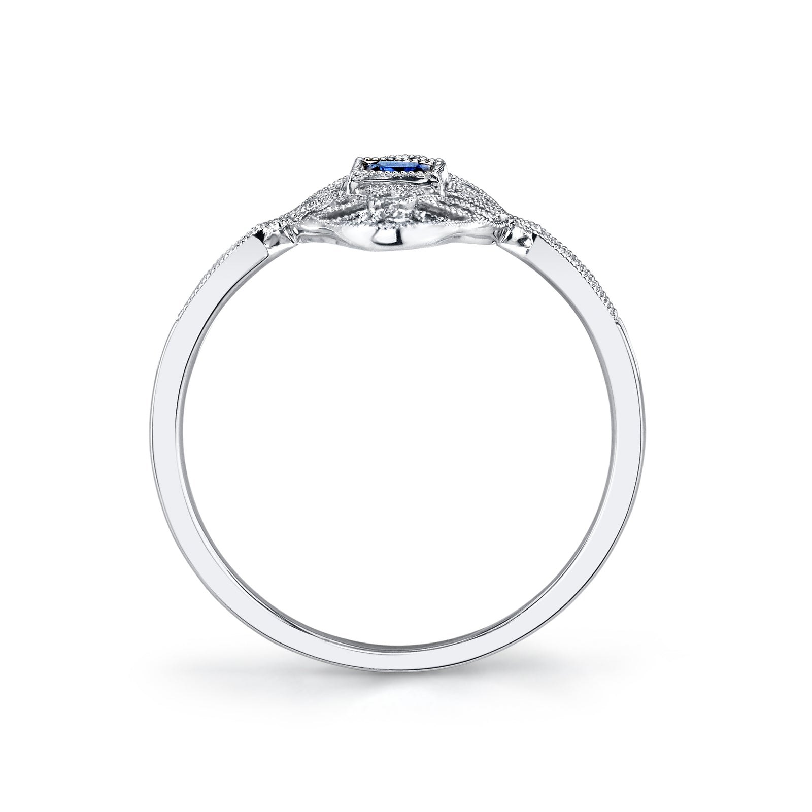 14K White Gold 0.20ct. Sapphire & 0.13ct. Diamond Filigree & Milgrain Detailing Fashion Ring