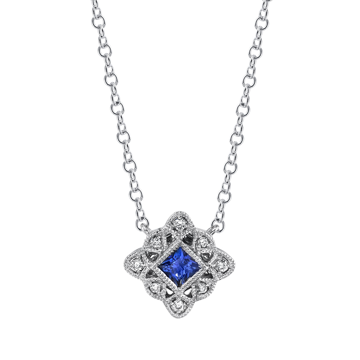14K White Gold 0.18ct. Sapphire &amp; 0.04ct. Diamond Filigree Detailing Fashion Necklace