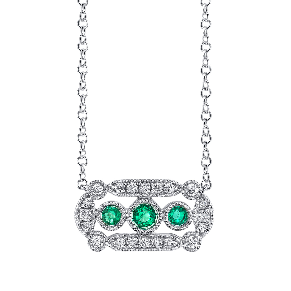 14K White Gold 0.21ct. Emerald &amp; 0.14ct. Diamond Filigree Detailing Fashion Necklace