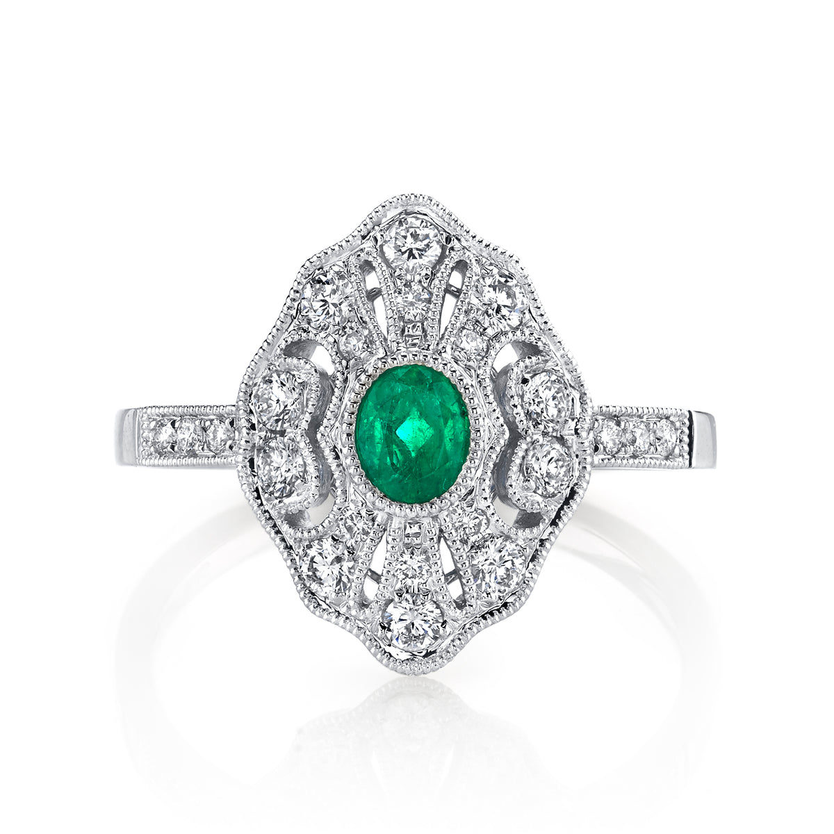 14K White Gold 0.24ct. Emerald &amp; 0.35ct. Diamond Filigree &amp; Milgrain Detailing Fashion Ring