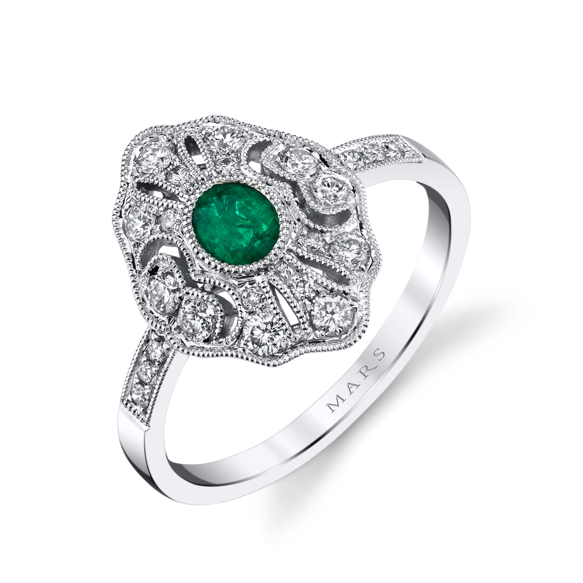 14K White Gold 0.24ct. Emerald &amp; 0.35ct. Diamond Filigree &amp; Milgrain Detailing Fashion Ring