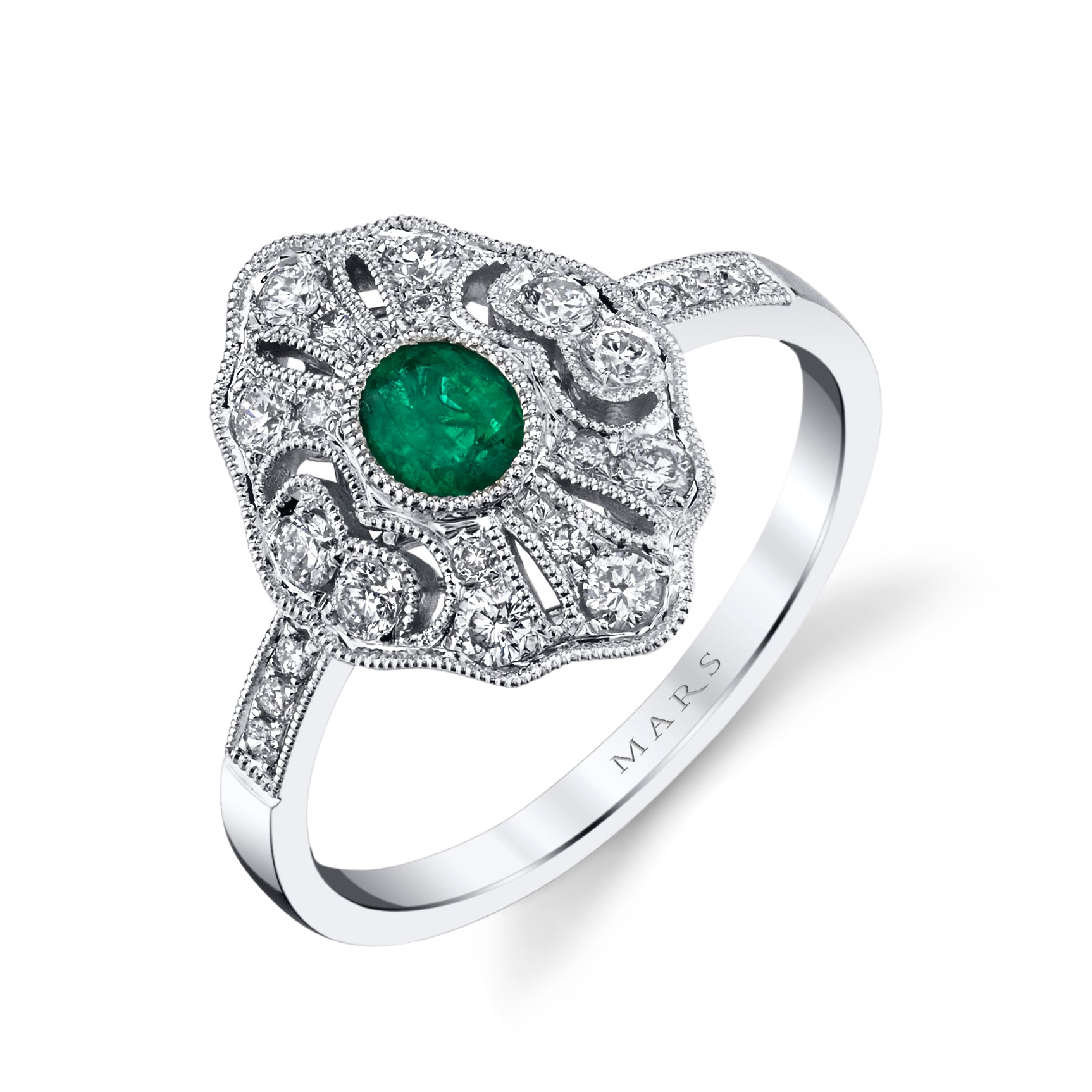 14K White Gold 0.24ct. Emerald & 0.35ct. Diamond Filigree & Milgrain Detailing Fashion Ring