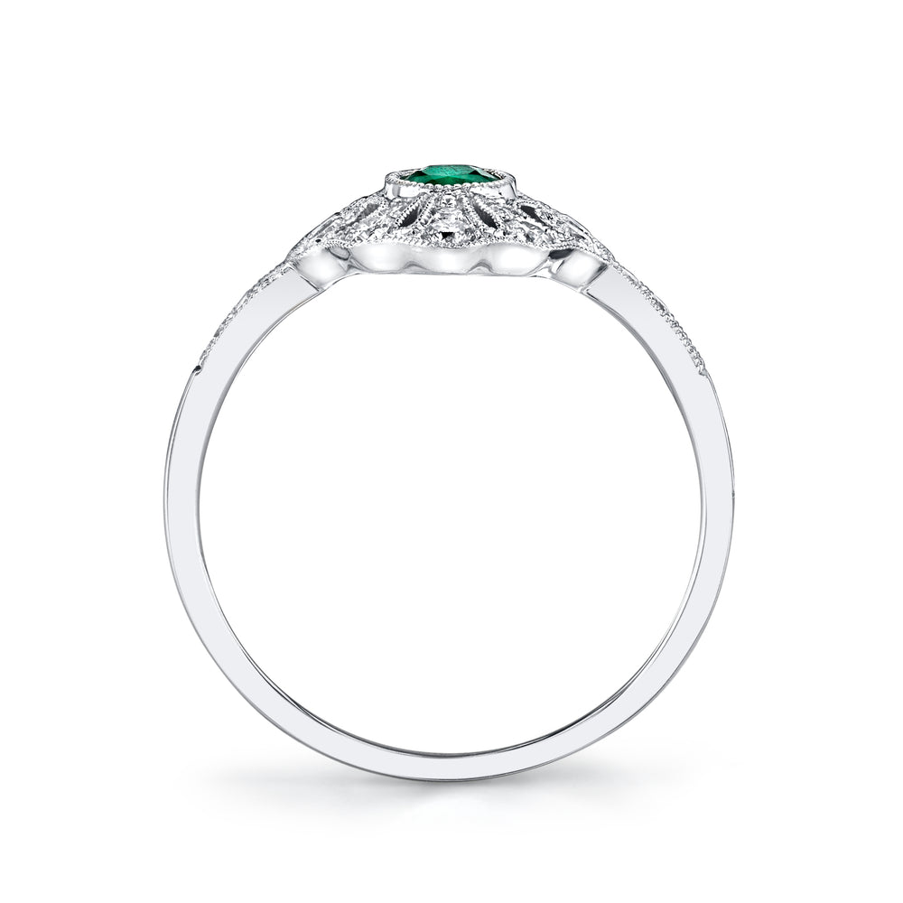 14K White Gold 0.24ct. Emerald & 0.35ct. Diamond Filigree & Milgrain Detailing Fashion Ring