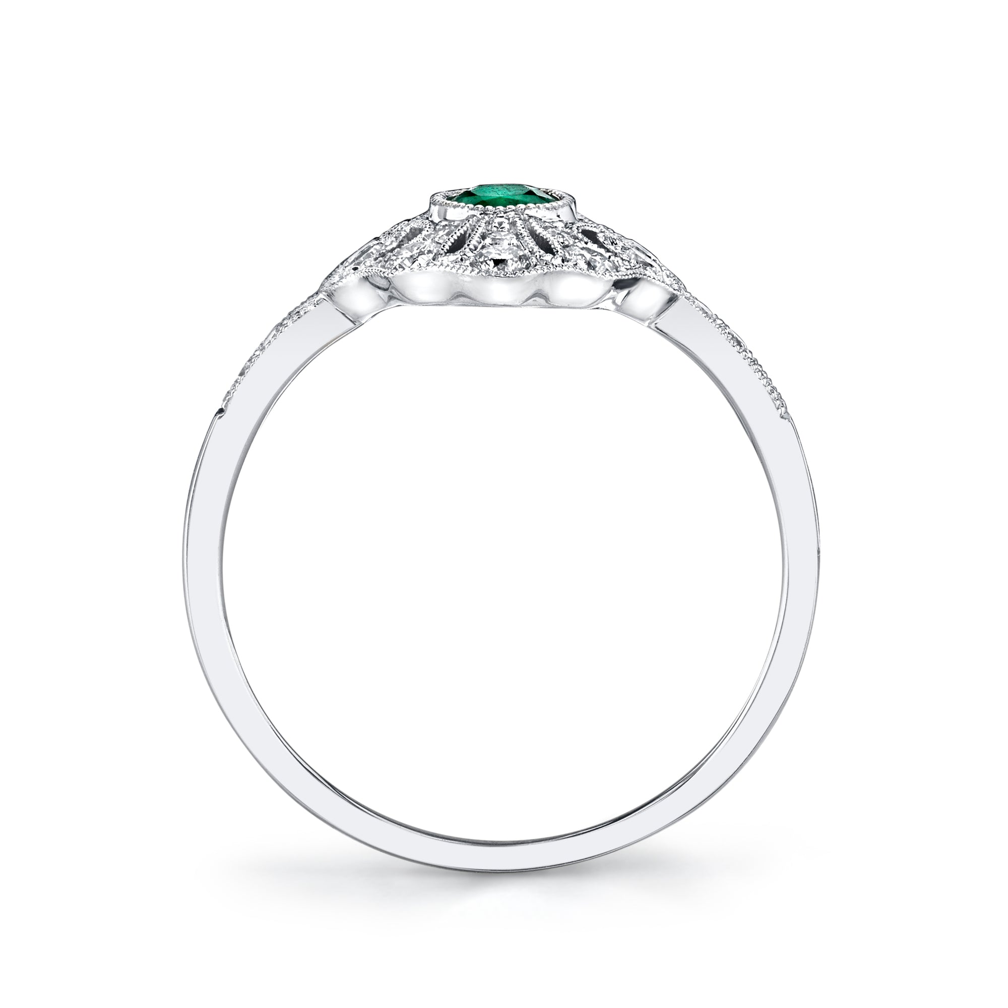 14K White Gold 0.24ct. Emerald & 0.35ct. Diamond Filigree & Milgrain Detailing Fashion Ring