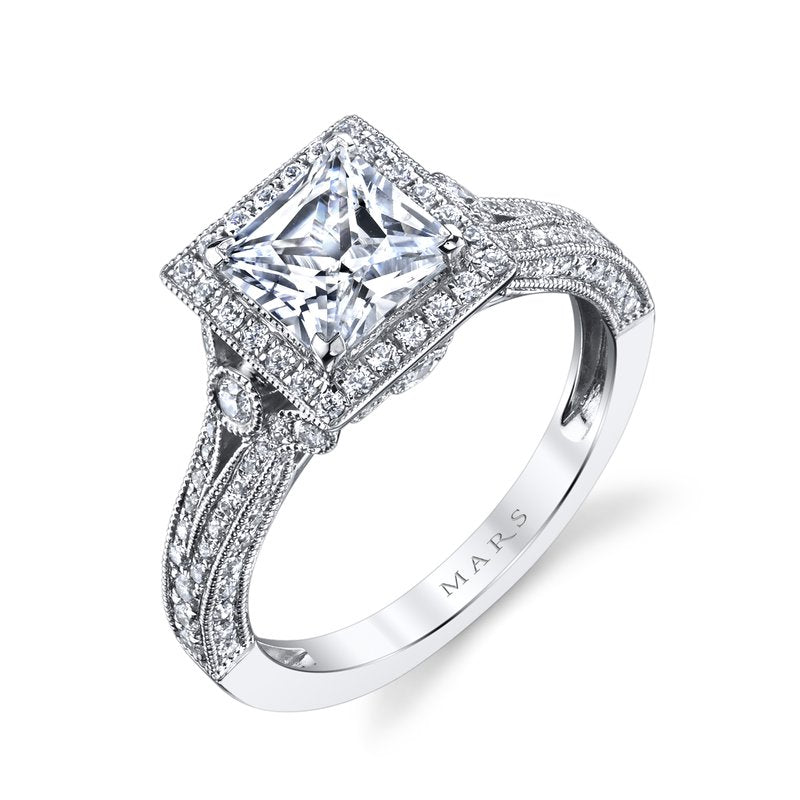 Mars Bridal Vintage Princess Halo Hand Engraved with Milgrain Detailing &amp; Embellished Profile Diamond Engagement Ring 25965