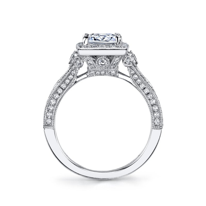 Mars Bridal Vintage Princess Halo Hand Engraved with Milgrain Detailing & Embellished Profile Diamond Engagement Ring 25965