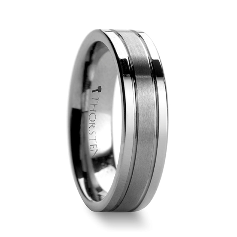 Thorsten Chronos Flat with Grooves Polished Edges and Brush Center Tungsten Carbide Ring  (6-8mm) W343-FGBC