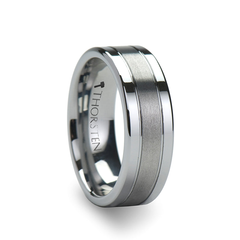 Thorsten Chronos Flat with Grooves Polished Edges and Brush Center Tungsten Carbide Ring  (6-8mm) W343-FGBC