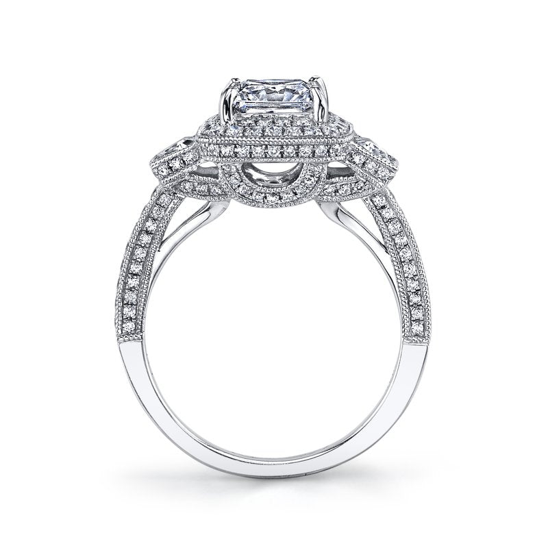 Mars Bridal Vintage Princess Halo Three Stone Trapezoid Sides w/ Filigree & Milgrain Detailing Diamond Engagement Ring 25229