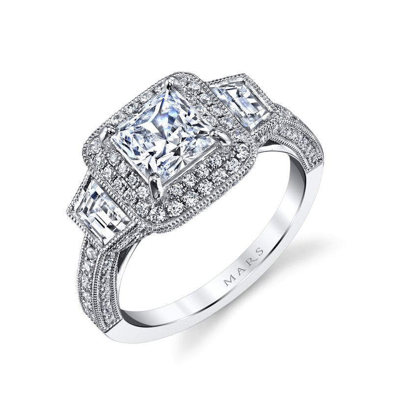Mars Bridal Vintage Princess Halo Three Stone Trapezoid Sides w/ Filigree &amp; Milgrain Detailing Diamond Engagement Ring 25229
