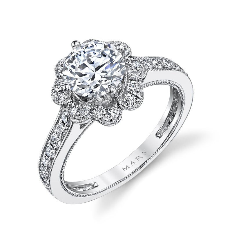 Mars Bridal Signature Floral Round Petal Halo w/ Milgrain Details Diamond Engagement Ring 26549