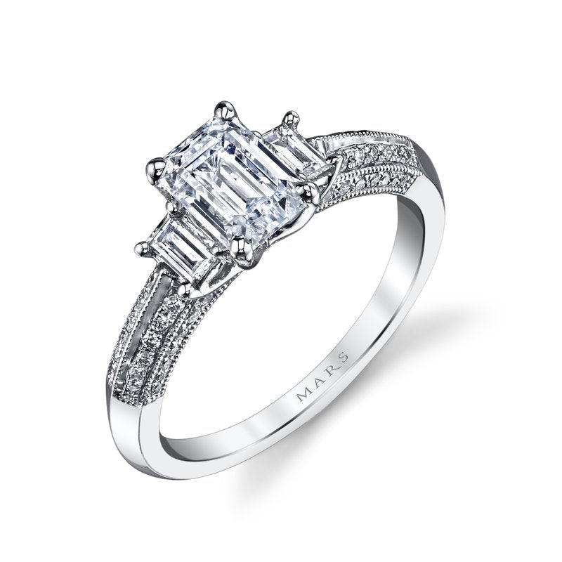 Mars Bridal Emerald Three Stone w/ Embellished Profile Diamond Engagement Ring 25088