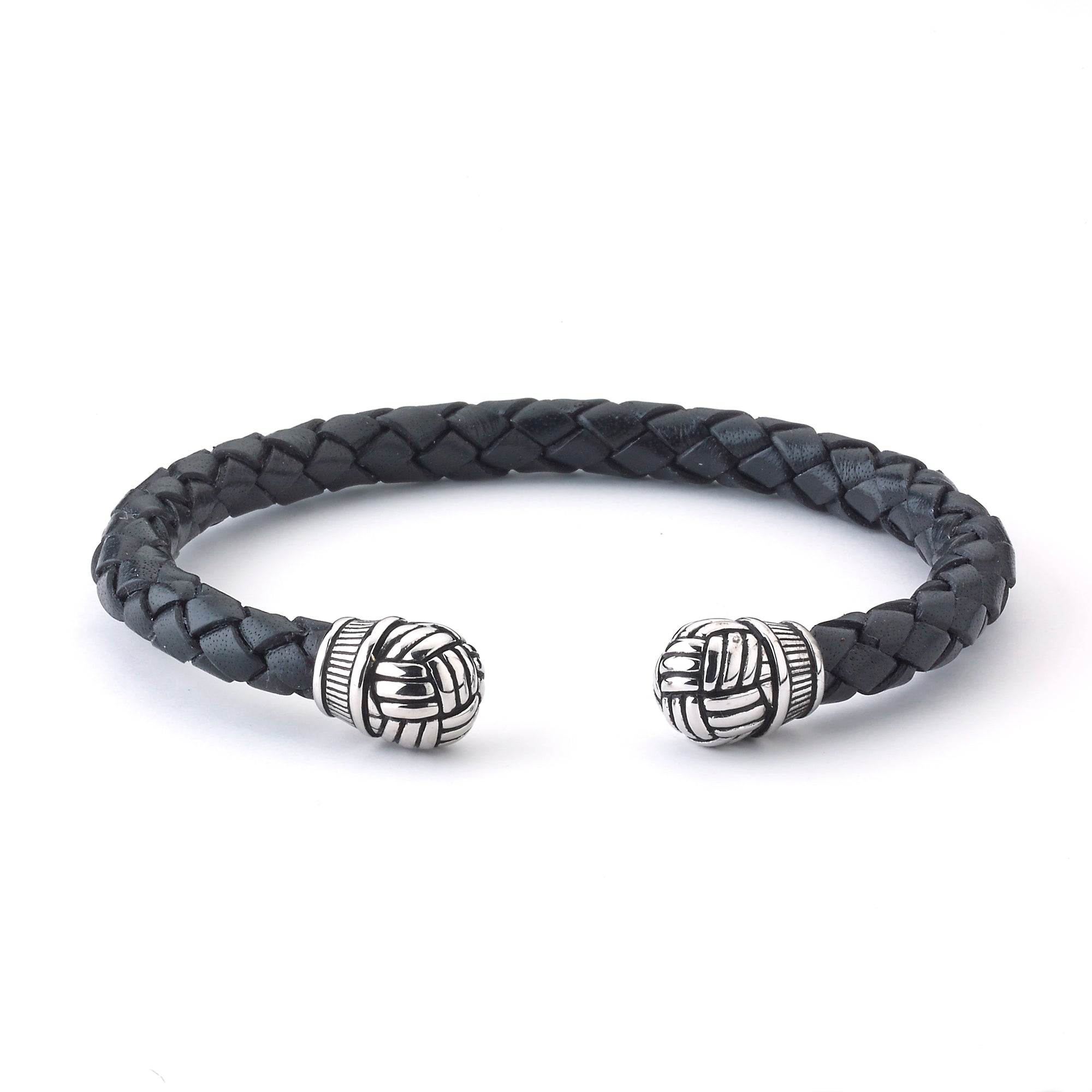 Samuel B. Knit Black Leather Bangle w/ Sterling Silver Woven Design End Caps