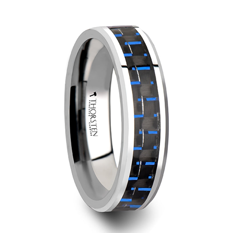 Thorsten Auxilius Black & Blue Carbon Fiber Inlay Tungsten Carbide Ring (6-10mm) W559-BBCF