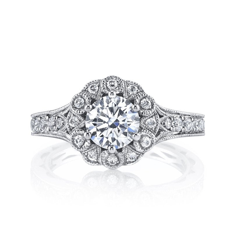 Mars Bridal Signature Round Petal Halo &amp; Embellished Profile Diamond Engagement Ring 26006