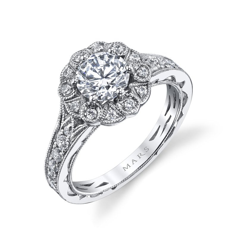 Mars Bridal Signature Round Petal Halo &amp; Embellished Profile Diamond Engagement Ring 26006