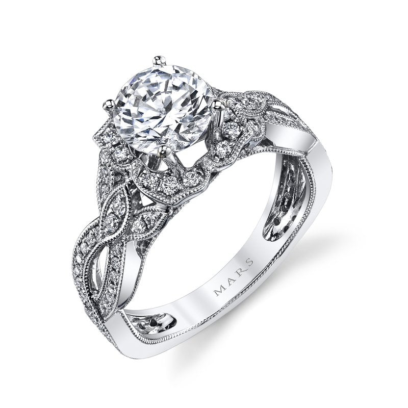 Mars Bridal Vintage Floral Motif Elaborate Petal Design Halo w/ Embellished Profile Diamond Engagement Ring 26592