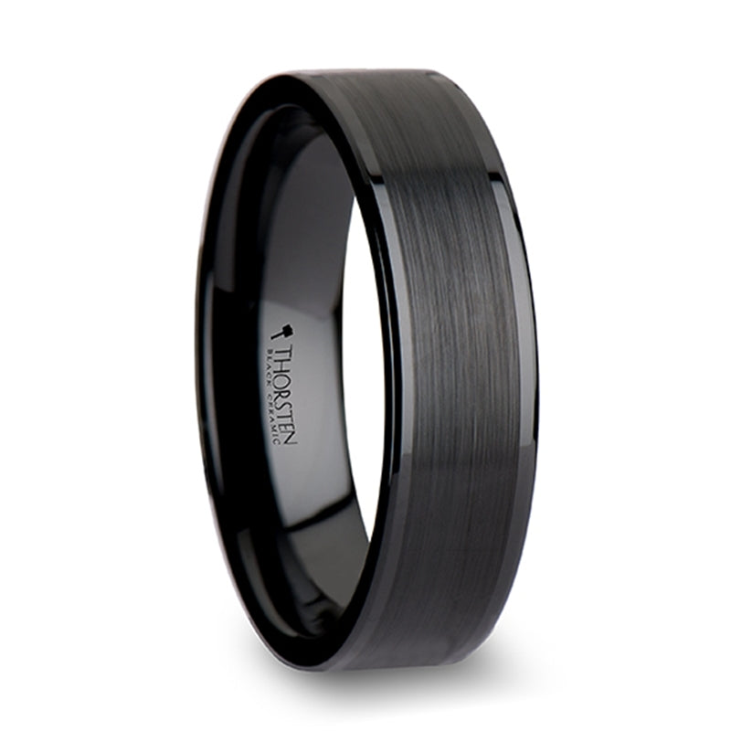 Thorsten Octavius Flat Black Ceramic Ring w/ Brushed Center &amp; Polished Edges (4-8mm) C1250-FBCC