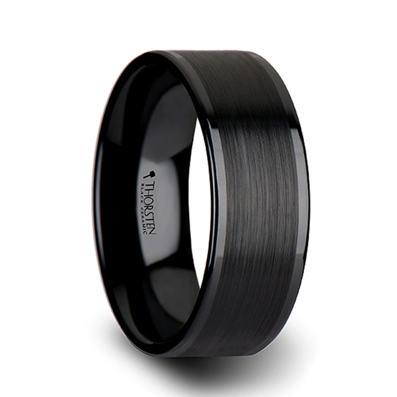 Thorsten Octavius Flat Black Ceramic Ring w/ Brushed Center &amp; Polished Edges (4-8mm) C1250-FBCC