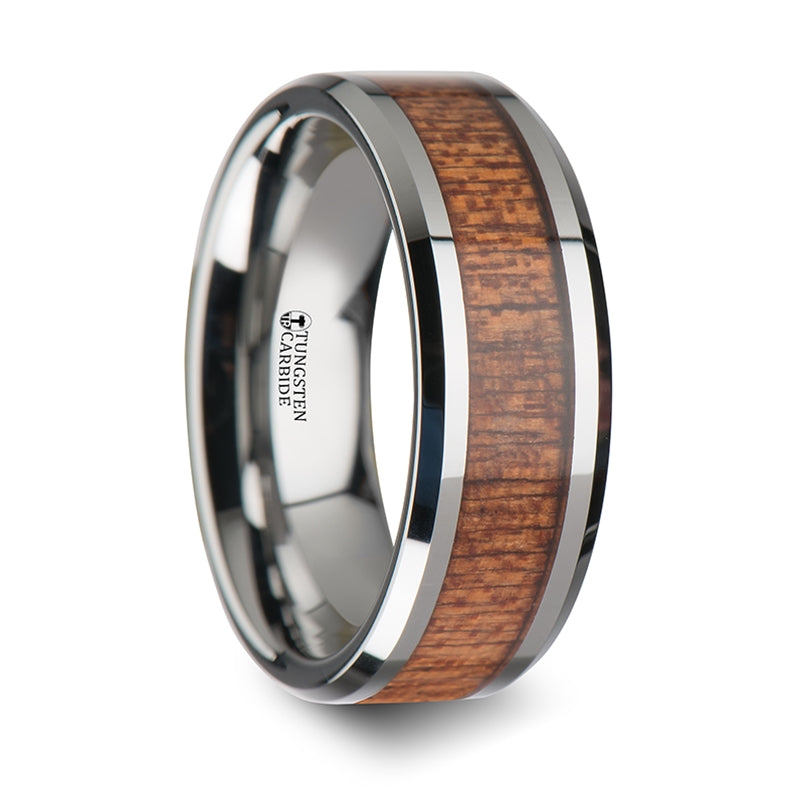 Thorsten Congo Tungsten Carbide Wedding Band w/ Polished Bevels &amp; African Sapele Wood Inlay (6-10mm) W1898-SPWI