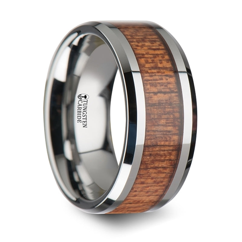 Thorsten Congo Tungsten Carbide Wedding Band w/ Polished Bevels &amp; African Sapele Wood Inlay (6-10mm) W1898-SPWI