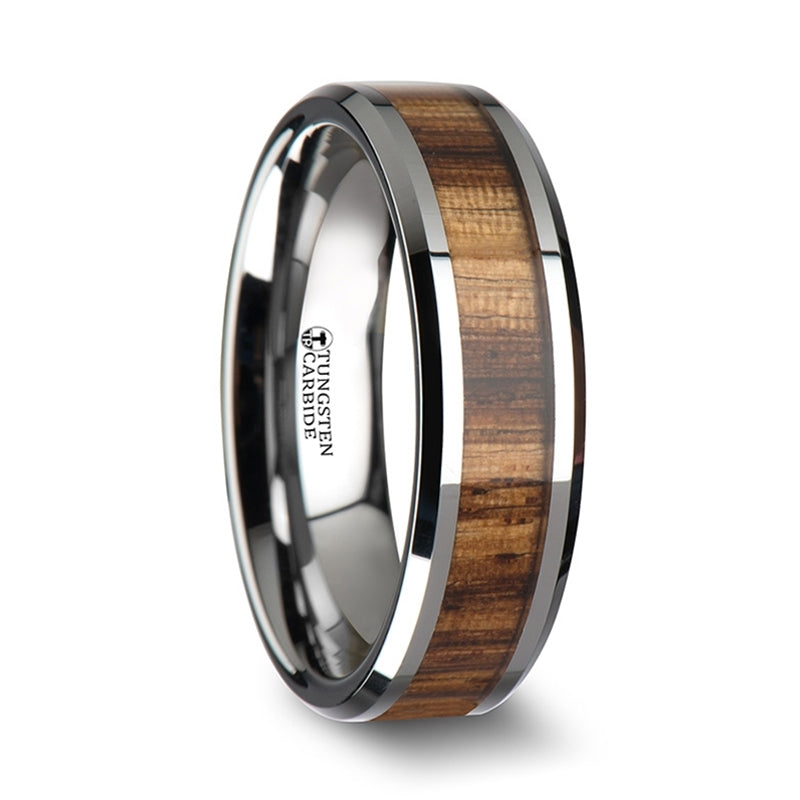 Thorsten Palmaletto Tungsten Carbide Ring w/ Beveled Edges &amp; Real Zebra Wood Inlay (6-10mm) W1896-ZBWI