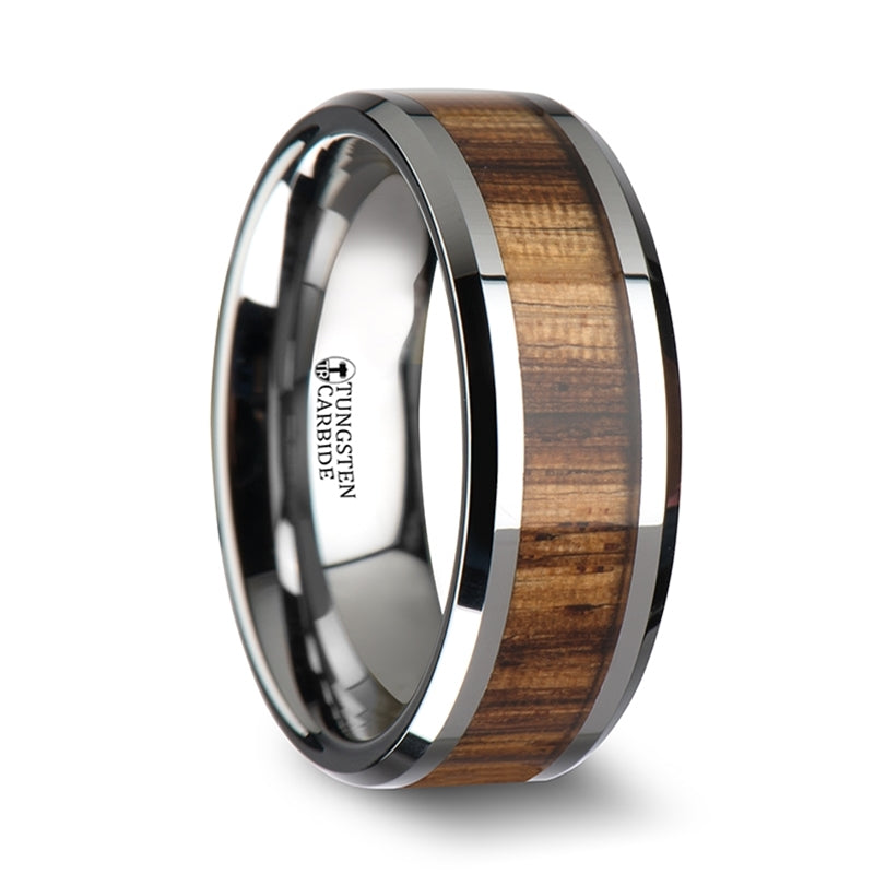 Thorsten Palmaletto Tungsten Carbide Ring w/ Beveled Edges &amp; Real Zebra Wood Inlay (6-10mm) W1896-ZBWI