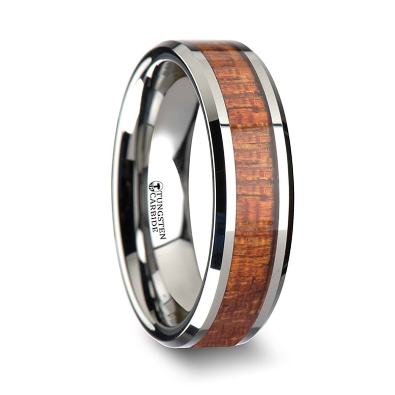 Thorsten Khaya Tungsten Band w/ Polished Bevels &amp; Exotic Mahogany Hard Wood Inlay (6-10mm) W1895-MHWI