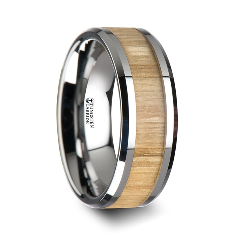 Thorsten Samara Tungsten Ring w/ Polished Bevels &amp; Ash Wood Inlay (6-10mm) W1894-AWI