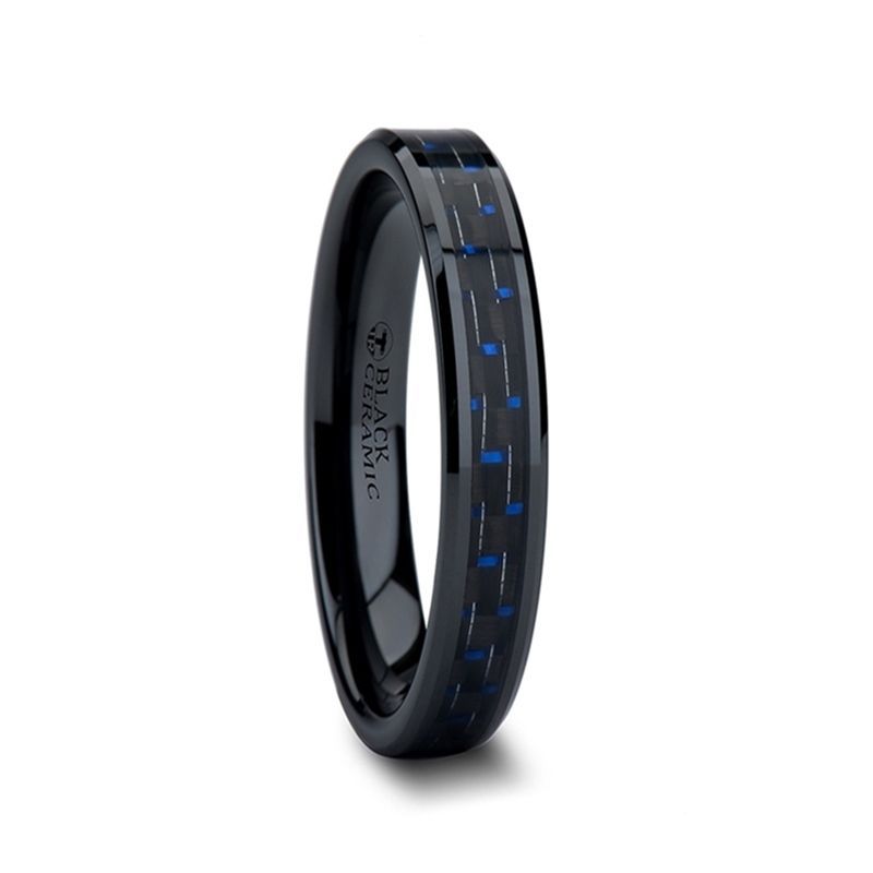 Thorsten Avitus Black Beveled Ceramic Ring w/ Blue & Black Carbon Fiber Inlay (4-10mm) W874-BBCF