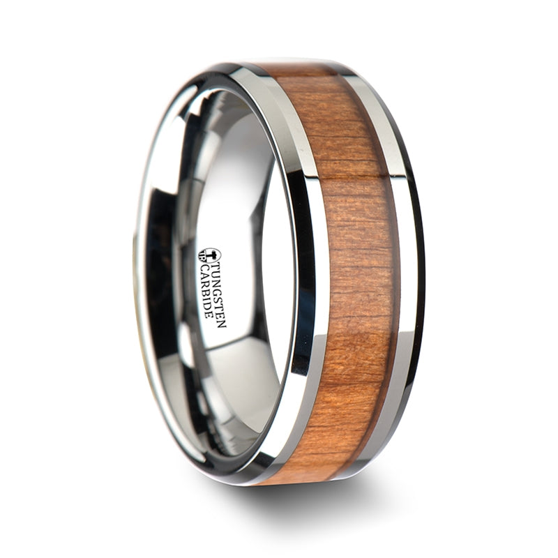 Thorsten Brunswick Tungsten Wedding Ring w/ Polished Bevels &amp; American Cherry Wood Inlay (6-10mm) W1893-CRWI