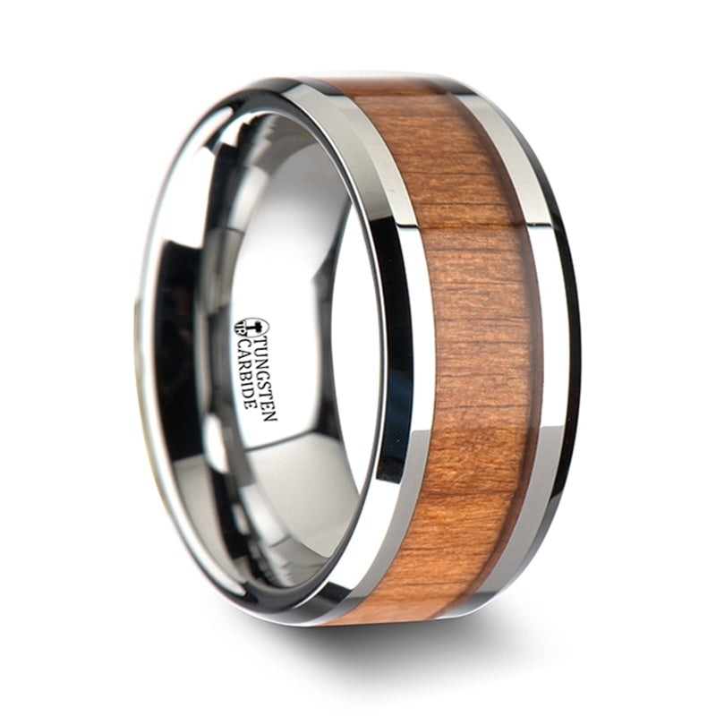 Thorsten Brunswick Tungsten Wedding Ring w/ Polished Bevels & American Cherry Wood Inlay (6-10mm) W1893-CRWI