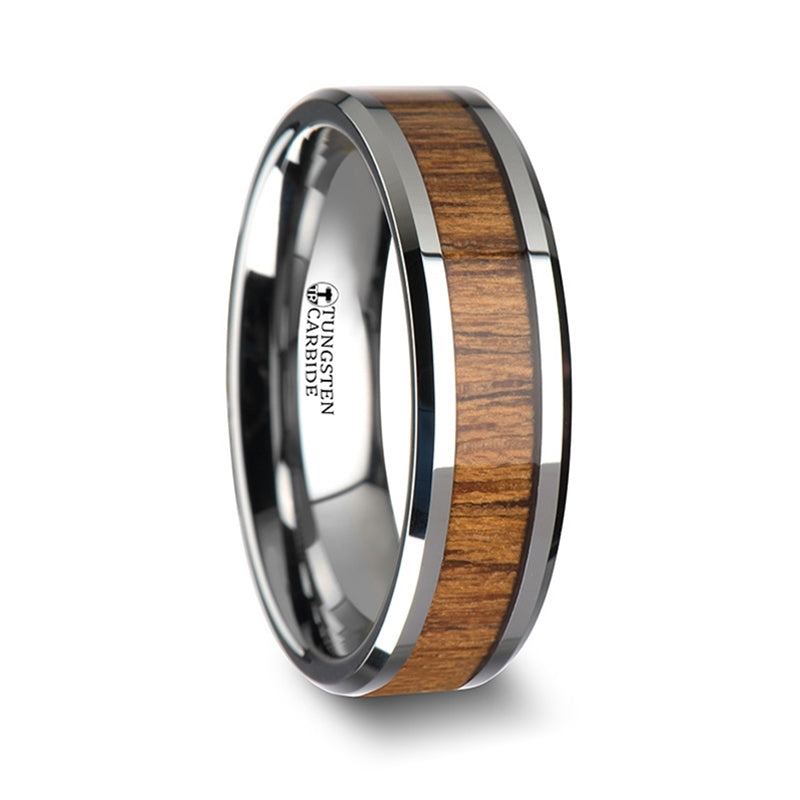 Thorsten Tekku Wood Tungsten Ring w/ Polished Bevels &amp; Teak Wood Inlay (6-10mm) W1892-TKWI
