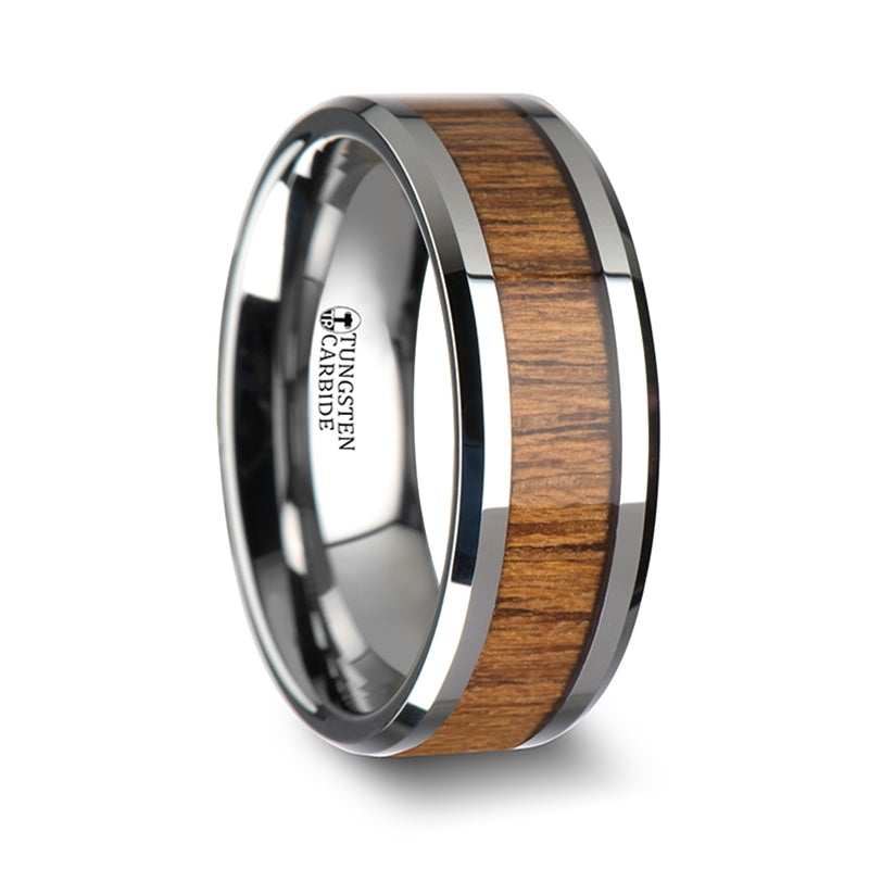 Thorsten Tekku Wood Tungsten Ring w/ Polished Bevels & Teak Wood Inlay (6-10mm) W1892-TKWI