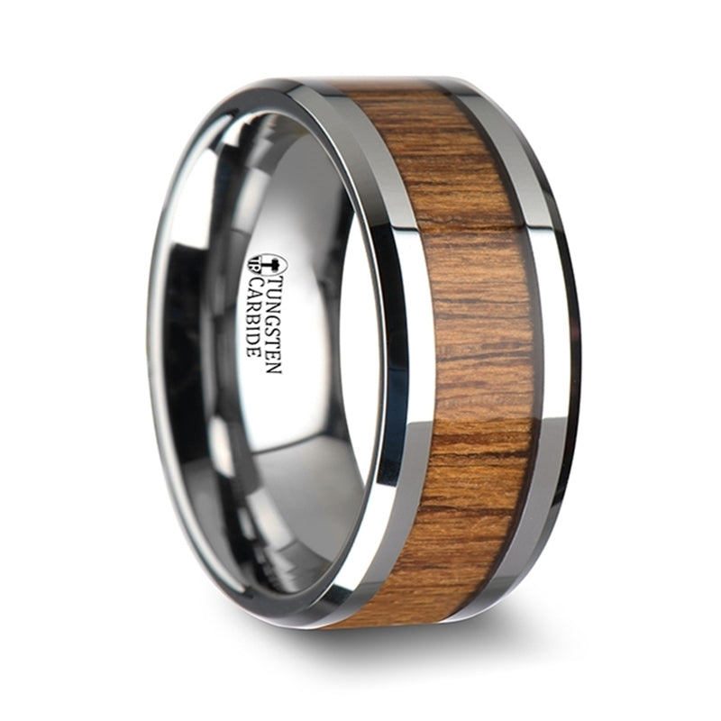 Thorsten Tekku Wood Tungsten Ring w/ Polished Bevels &amp; Teak Wood Inlay (6-10mm) W1892-TKWI