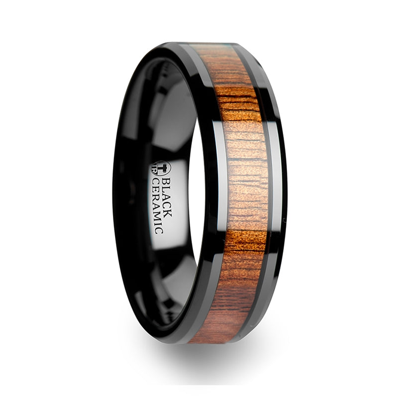 Thorsten Acacia Koa Wood Inlaid Black Ceramic Ring w/ Bevels (4-10mm) C1958-KOWI