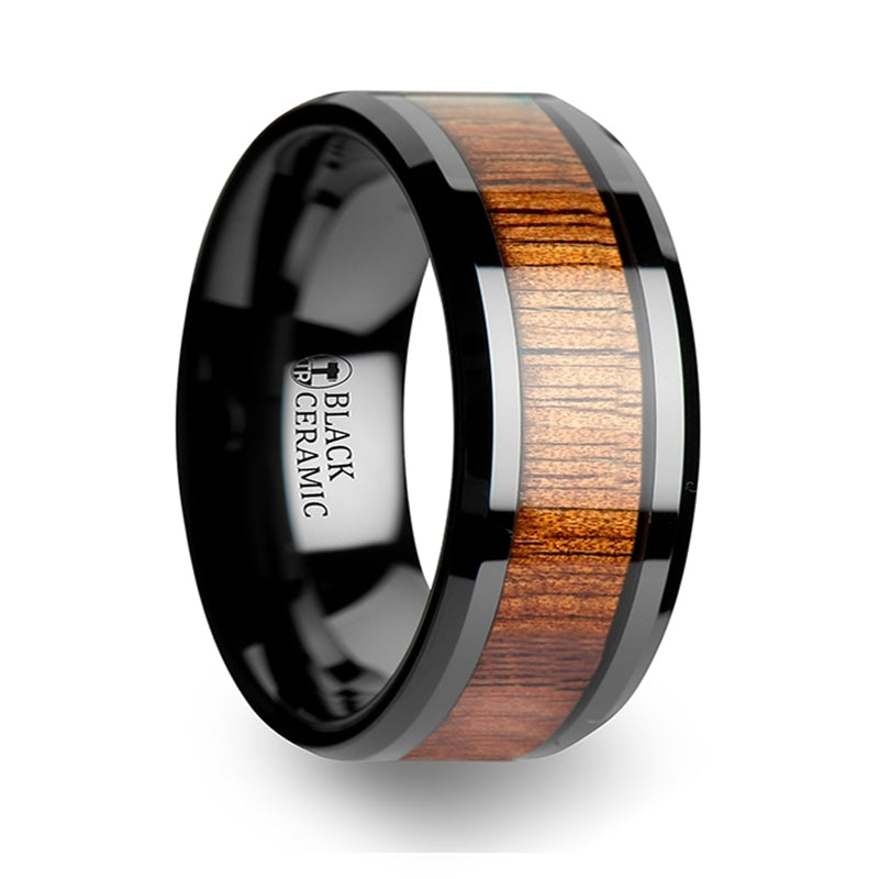 Thorsten Acacia Koa Wood Inlaid Black Ceramic Ring w/ Bevels (4-10mm) C1958-KOWI