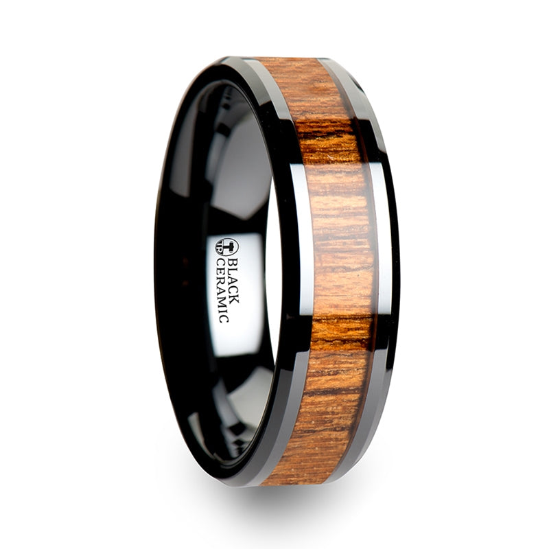 Thorsten Sagon Wood Black Ceramic Ring w/ Polished Bevels &amp; Teak Wood Inlay (6-10mm) C1960-TKWI