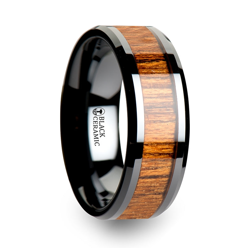 Thorsten Sagon Wood Black Ceramic Ring w/ Polished Bevels &amp; Teak Wood Inlay (6-10mm) C1960-TKWI