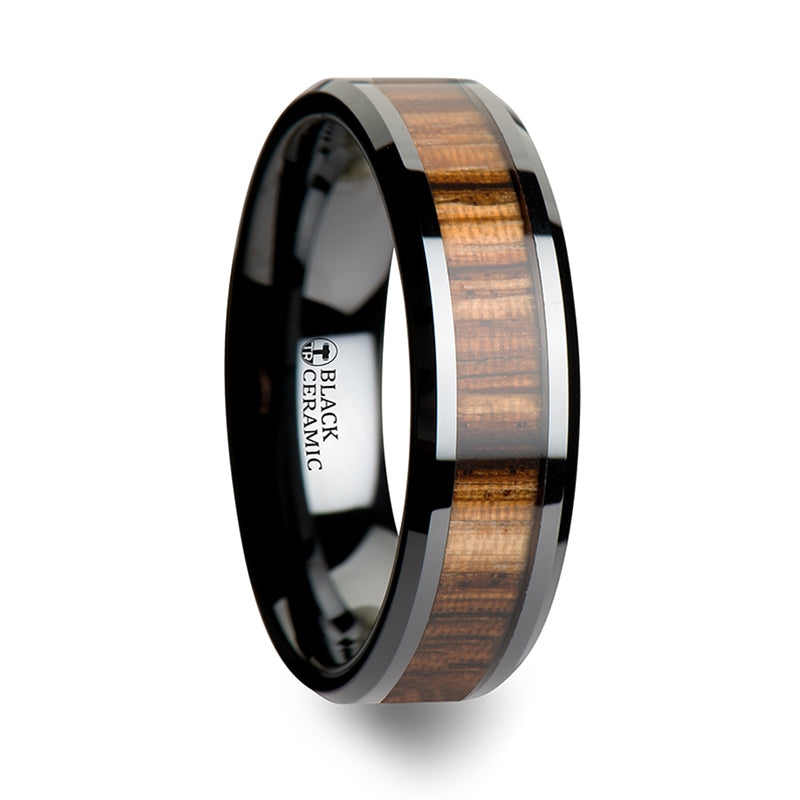 Thorsten Zebrano Black Ceramic Ring w/ Beveled Edges &amp; Real Zebra Wood Inlay (6-10mm) C1961-ZBWI
