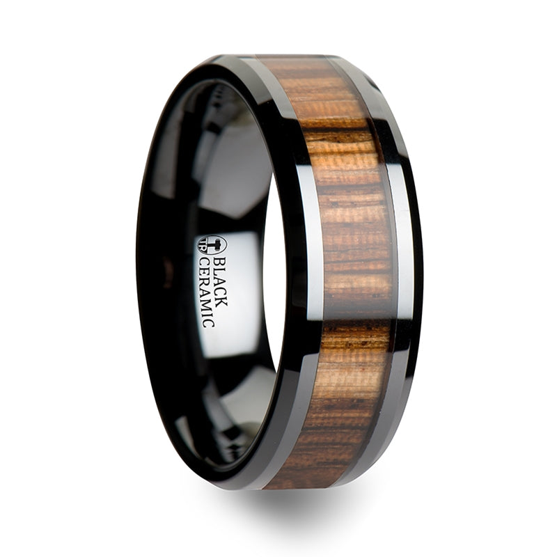 Thorsten Zebrano Black Ceramic Ring w/ Beveled Edges & Real Zebra Wood Inlay (6-10mm) C1961-ZBWI