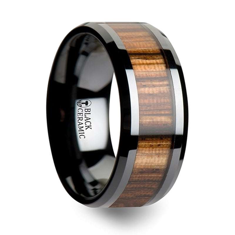 Thorsten Zebrano Black Ceramic Ring w/ Beveled Edges &amp; Real Zebra Wood Inlay (6-10mm) C1961-ZBWI