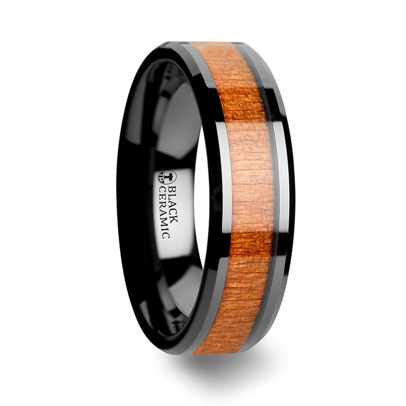 Thorsten Iowa Black Ceramic Wedding Ring w/ Polished Bevels & Black Cherry Wood Inlay (6-10mm) C1965-CRWI