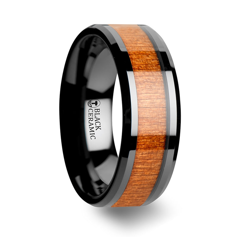 Thorsten Iowa Black Ceramic Wedding Ring w/ Polished Bevels & Black Cherry Wood Inlay (6-10mm) C1965-CRWI
