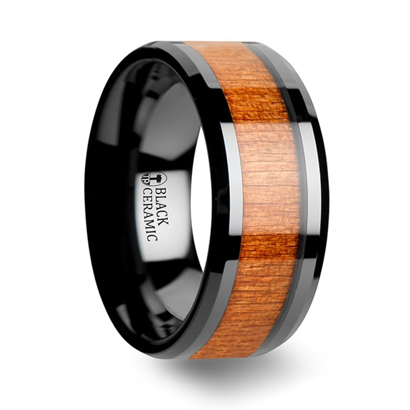 Thorsten Iowa Black Ceramic Wedding Ring w/ Polished Bevels &amp; Black Cherry Wood Inlay (6-10mm) C1965-CRWI