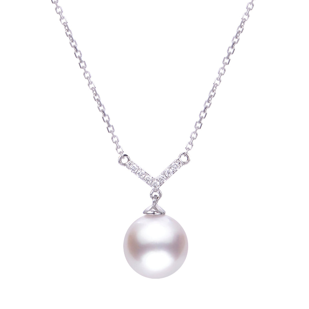 14K White Gold Signature High Luster Akoya Pearl &amp; Diamond &quot;V&quot; Necklace