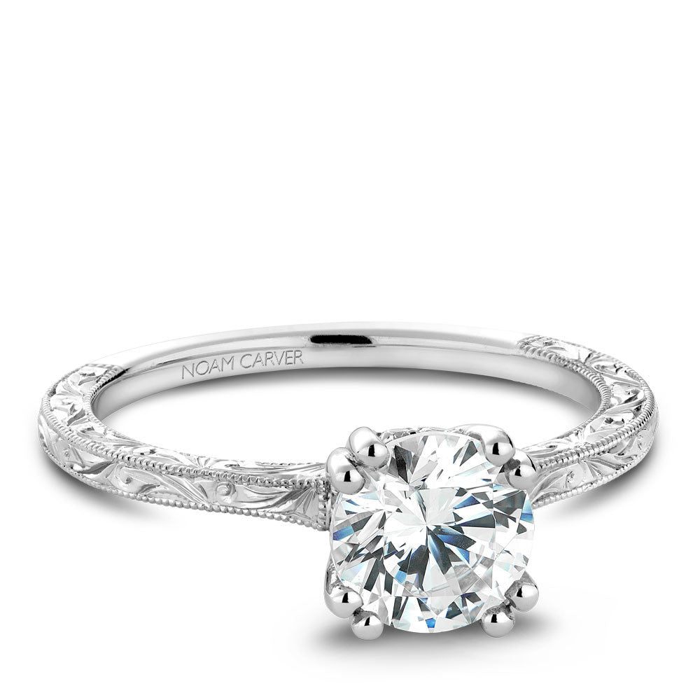 Noam Carver Hand Engraved Solitaire Engagament Ring with Diamond Peek-A-Boo Halo B004-02EA