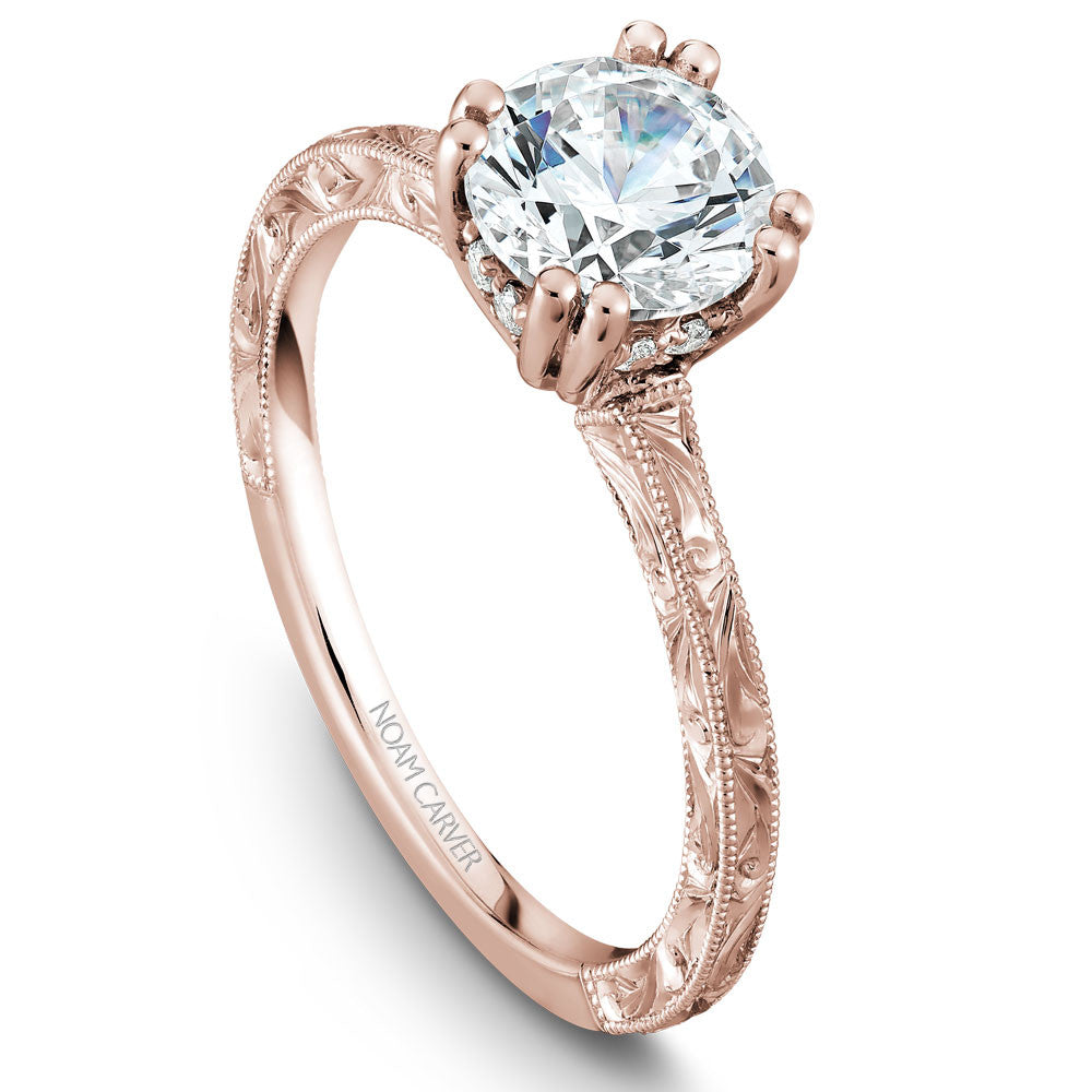 Noam Carver Hand Engraved Solitaire Engagament Ring with Diamond Peek-A-Boo Halo B004-02EA