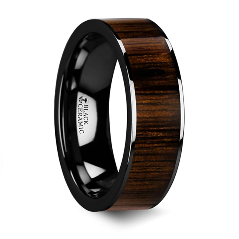 Thorsten Kendo Black Ceramic Polished Finish Ring w/ Black Walnut Wood Inlay (8mm) BC5416-BWW